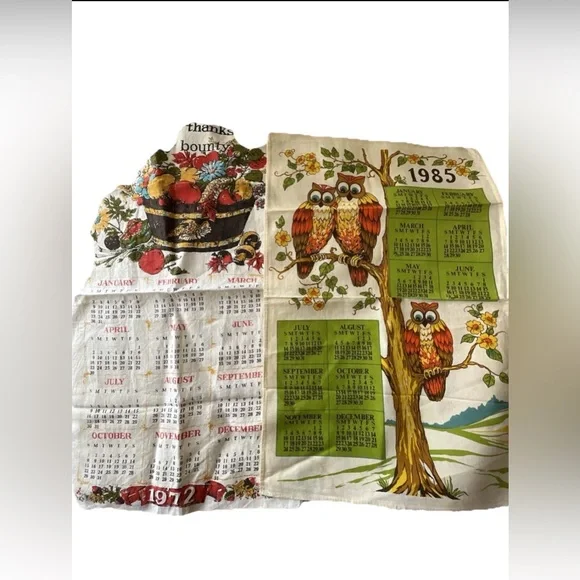 Vtg Tea Towel Calendar Owls In Tree Give Thanks Fruits Flowers Mushrooms - Picture 1 of 9
